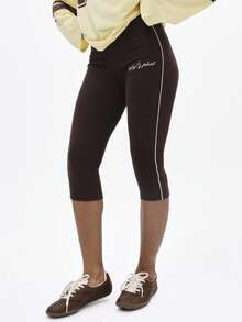 BABYPHAT 高腰七分紧身裤，撞色滚边细节，侧边条纹装饰，弹力贴身，休闲运动瑜伽裤 - 咖啡棕 - 查看 3