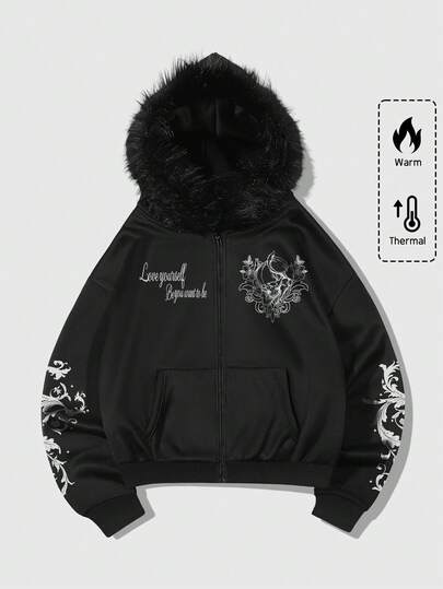 Street Life بلوزة رياضية مبطنة بالحرارة بقلنسوة فضفاضة مع تشطيب من الفرو