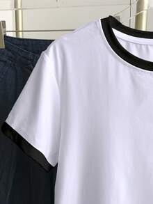 Resyla Camiseta casual de manga corta con cuello redondo, estampado de eslogan y corazón en bloques de color para mujer - Blanco - Ver 4