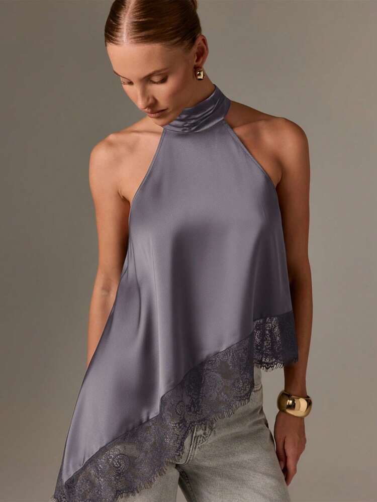 High Neck Satin Top With Lace Hem