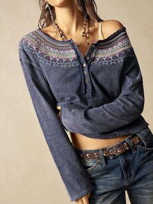 Bohemela 女式休闲长袖花卉印花纽扣半襟T恤 - 藏蓝色 - 查看 4