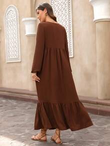 EMERY ROSE 女士纯色系带领灯笼袖荷叶边下摆休闲连衣裙 - 棕色 - 查看 2