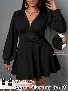 SHEIN CURVE+ Váy cổ chữ V khoét sâu cỡ lớn, phong cách Punk thường ngày, phù hợp cho lễ Halloween, tối màu, váy đen cỡ lớn Váy cổ chữ V cỡ lớn Váy câu lạc bộ cỡ lớn Váy cong/Mùa thu/Đông - màu đen - Xem 1