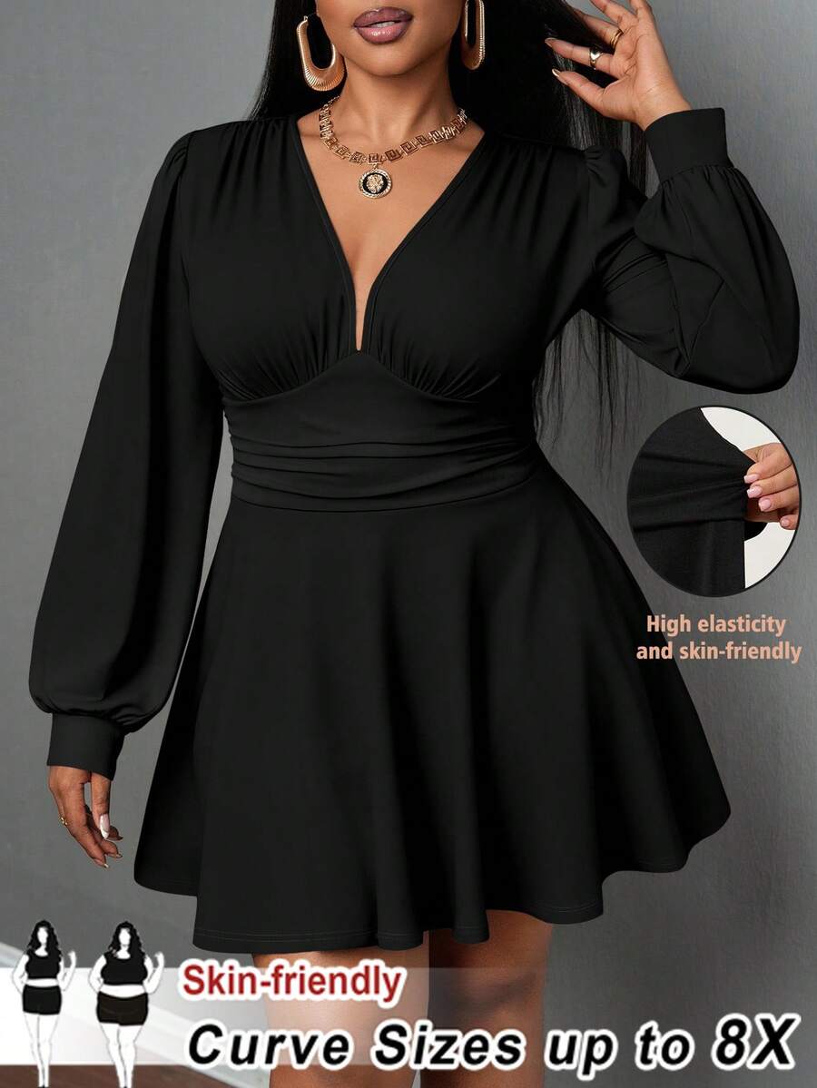 SHEIN CURVE+ Váy cổ chữ V khoét sâu cỡ lớn, phong cách Punk thường ngày, phù hợp cho lễ Halloween, tối màu, váy đen cỡ lớn Váy cổ chữ V cỡ lớn Váy câu lạc bộ cỡ lớn Váy cong/Mùa thu/Đông - màu đen - Xem 1