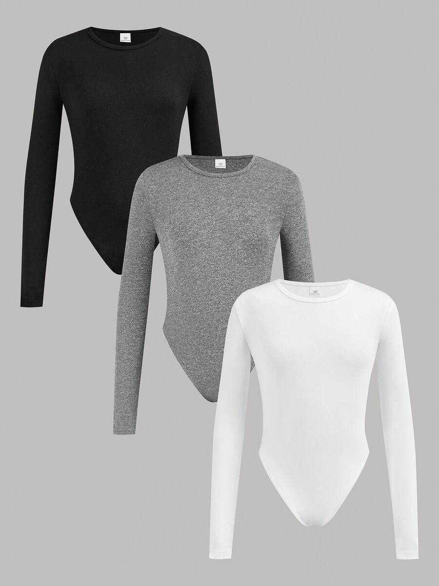 SHEIN Girlism Bộ đồ liền thân dài tay cổ tròn thoải mái, đơn giản, thoải mái, đa năng, ôm vừa vặn dành cho bé gái tuổi mới lớn, nhiều mẫu mã - Xám - Xem 1