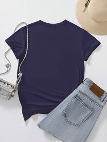 EMERY ROSE Heart & Letter Slogan Round Neck Short Sleeve Fashionable Women T-Shirt - Navy Blue - View 2