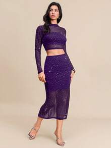 SHEIN Clasi Bộ 2 trang phục lưới đính đá thời trang nữ màu đen, đa năng cho các buổi đi chơi, mùa thu/đông - Màu tím - Xem 4