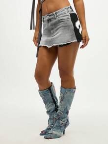 SUMWON WOMEN Denim Mini Skirt With Number Patchwork Frayed Hem Distressed Festival Style - Grey - View 3