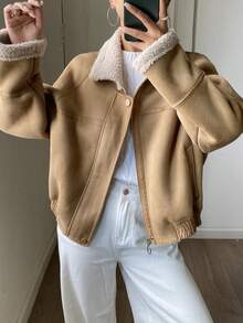 DAZY Chaqueta gruesa forrada de piel sintética para mujer, chaqueta de motociclista de lana de cordero de alta gama, abrigo regular para invierno - Caqui - Ver 5