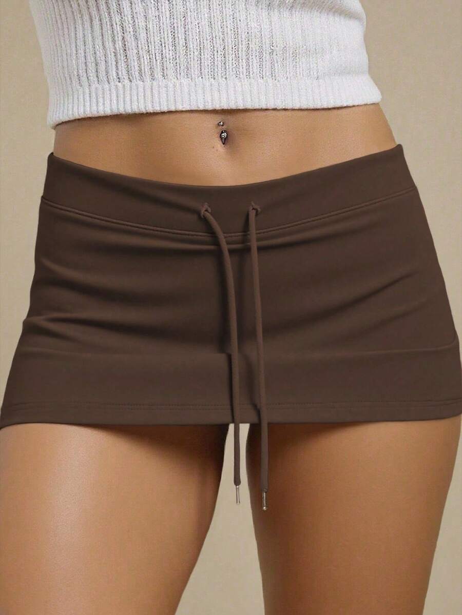 INAWLY Women's Drawstring Low Waist Basic Shorts - Brown - View 1