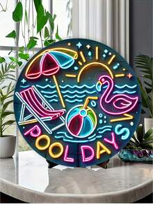 No Electricity Required! 1pc Retro Neon Flamingo Pool Party Metal Sign, 8x8 Inches, Wall Mounted, Rust-Proof, Pre-Drilled For Easy Installation, Versatile For Home, Garage, Cafe, Club Decoration, Ideal Gift - English Text, Pre-Drilled Holes, Random Style - Multicolor - View 6