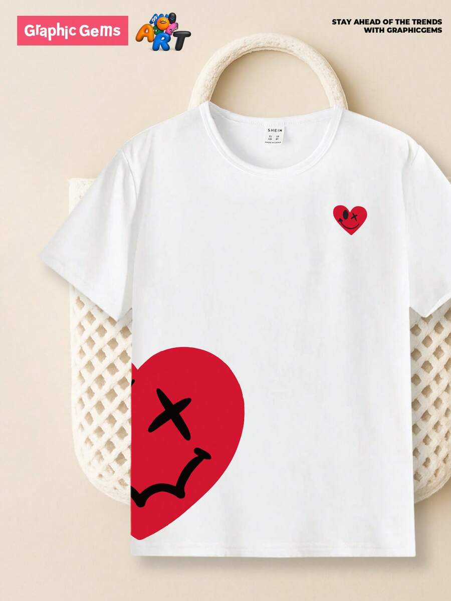 GraphicGems Tween Boy 1pc Basic Round Neck Short-Sleeved T-Shirt With Heart Pattern Printing