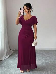 Elenzga Women's Lavender V-Neck Ruffle Sleeve Waist Pleated Slit Dress, Elegant Bridesmaid Dress For Wedding, Party - Burgundy - View 1