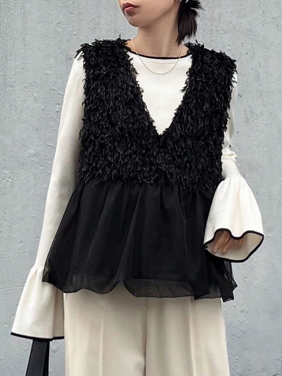 FRIFUL 女式黑色无袖拼接毛绒面料褶皱设计宽松休闲百搭分层背心，秋季 - 黑色 - 查看 1