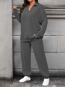 Calvaya Plus Size Solid Color Minimalist Long Sleeve Top And Pants 2 Pieces Set, Casual Everyday Wear - Dark Grey - View 4