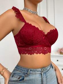 Miss Vinta 女士蕾丝边性感钢圈聚拢文胸 - 酒紅色 - 查看 3
