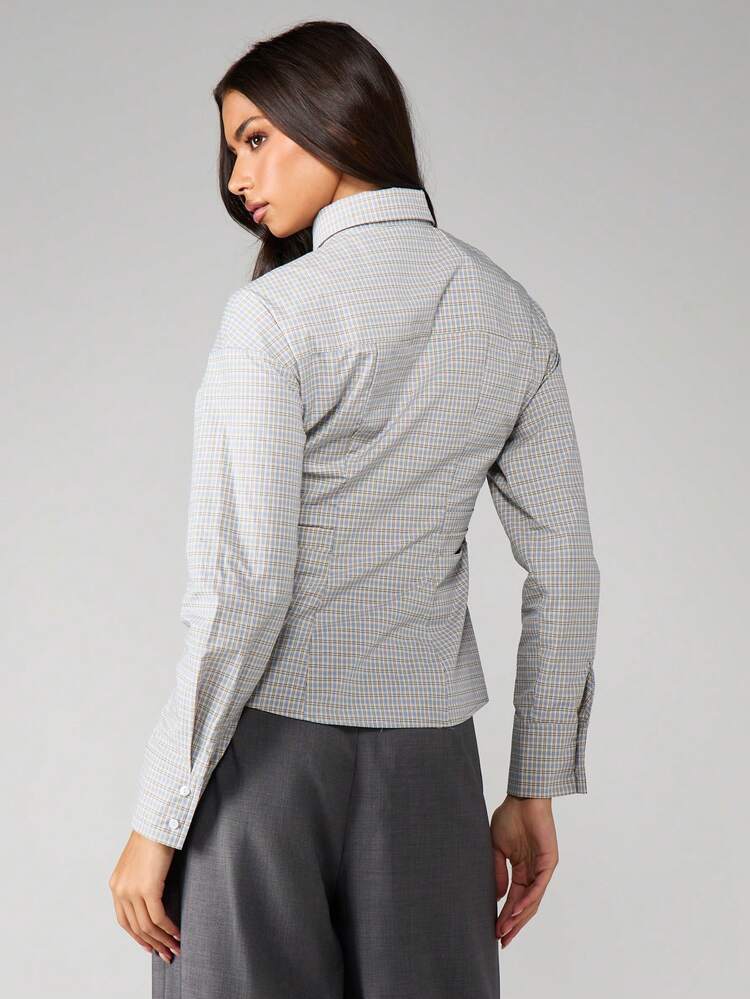 MISSGUIDED Women Long Sleeve Button Up Check Pattern Tie Front Collared Blouse Office Business Shirt With Waist Detail Fall Winter Professional Work Top