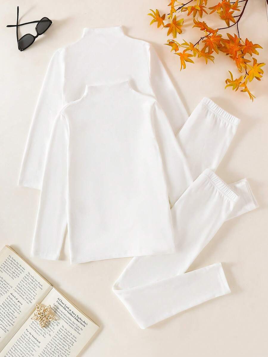 SHEIN 4件套女童白色简约抓绒长袖上衣和裤子四件套睡衣套装，秋冬季 - 白色 - 查看 1