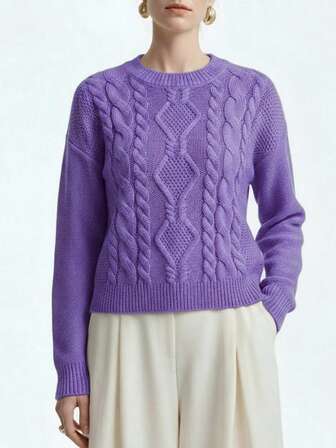 Aalyst Pulover elegant, casual, tricotat cu împletituri, cu umerii căzuți, pentru femei, toamnă/iarnă