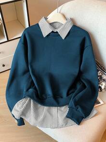 Modelyn Striped Patchwork 2 In 1 Long Sleeve Elegant & Fashionable Women Sweatshirt - Multicolor - View 3