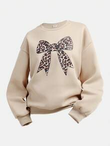 SHEIN Girlism 2pcs/Set Teen Girls' Casual Vintage Leopard Print Bow Decor Round Neck Long Sleeve Sweatshirt And Leggings, Khaki, Suitable For Autumn/Winter, New Streetwear, Punk, Vintage, Back To School Outfit - Khaki - View 8