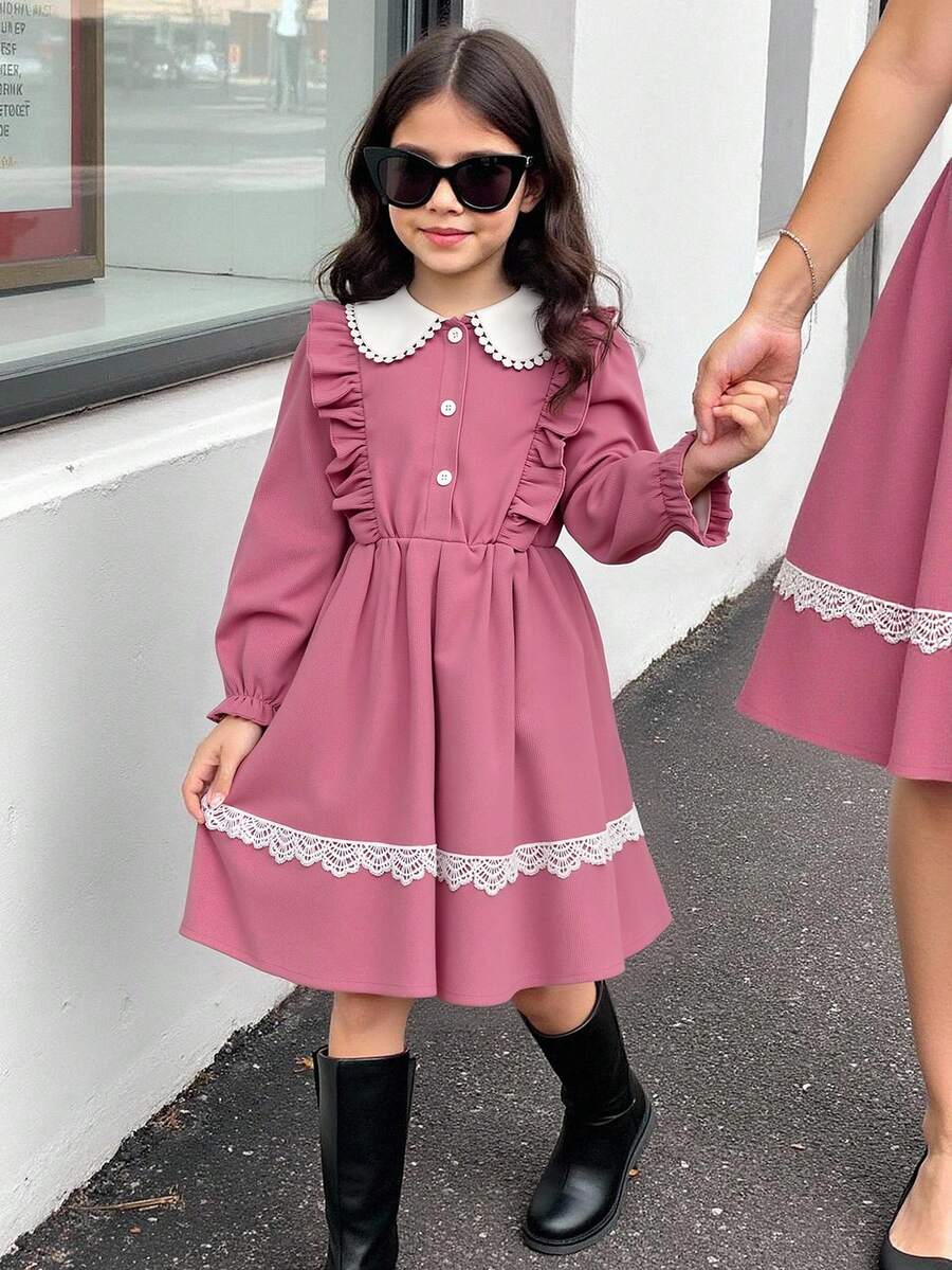 SHEIN 1pc Girls' Comfortable Casual Elegant Lapel Front Button Ruffle Hem Pleated Lace Trim Long Sleeve Elastic Cuff Versatile Dress Suitable For Outings, Travel, School And Various Occasions - Multicolor - View 1