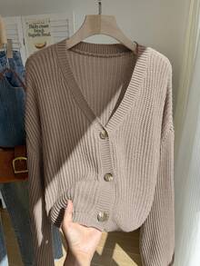 SHEIN EZwear 大码休闲纯色灯笼袖开衫，杏色女式秋冬装 - 駝色 - 查看 4