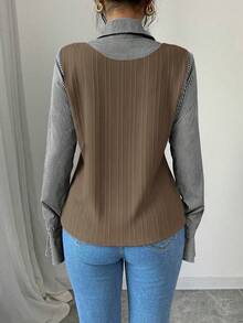 Elenzga Áo thun dài tay kẻ sọc tương phản thường ngày cho nữ, mùa thu - Màu Khaki - Xem 2