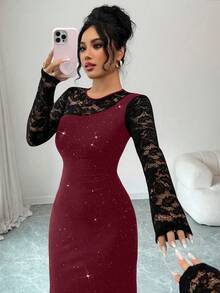 Elenzga Váy nữ mùa thu/đông lấp lánh, vải co giãn cao, cổ tròn, ren, chắp vá, vai, tay dài, thắt eo, ôm sát, thanh lịch, đa năng, thích hợp cho các buổi đi chơi và tiệc tùng, Giáng sinh - Đỏ - Xem 5