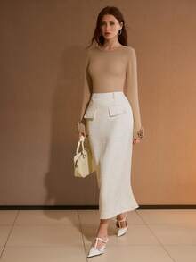 MOTF PREMIUM 女士3D立体花卉修身优雅毛衣 - 杏色 - 查看 6