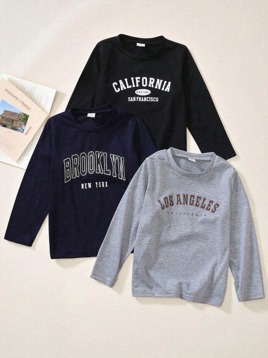 SHEIN Genkimix Kids 3 件套字母印花圆领长袖 T 恤,有意义且有趣的图形印花,柔软舒适的面料,适合日常穿着、上学、运动、居家 - 彩色 - 查看 1