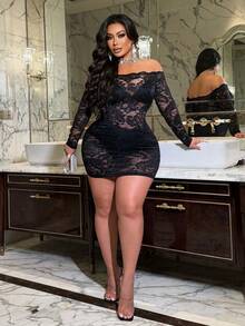 NU&NOW 大码蕾丝性感透视花卉拼接露肩长袖连衣裙 - 黑色 - 查看 3