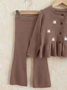 SHEIN Young Girl Cartoon Pattern Crew Neck Long Sleeve Pullover Top And Elastic Waist Pants 2-Piece Set, Girls Rabbit Sweater Set, Girls Cardigan Set, Girls Autumn/Winter Knit Set, Girls Ribbed 2-Piece Set, Girls Knit Cardigan Set, Girls Autumn Outfit, Young GirlWinter Outfit, Brown Girls Knit Set, Girls Rabbit Pattern Set - Mocha Brown - View 6