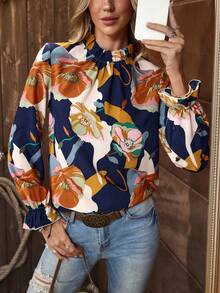EMERY ROSE Women's Floral Print Ruffle Collar Long Sleeve Fashion Blouse - Navy Blue - View 7