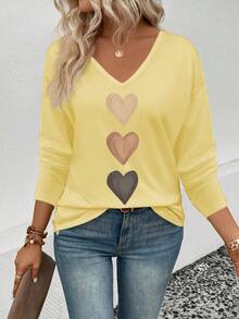 EMERY ROSE Women's V-Neck Cuff Sleeve, Popular Ombre Heart Print Casual Versatile Long Sleeve T-Shirt - Yellow - View 6