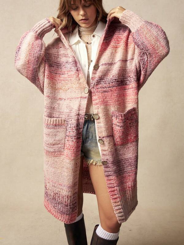 Bohemela Boho Autumn/Winter Outerwear, Women's Vintage Pink Fashionable Ombre Batwing Sleeve Hooded Maxi Cardigan, Western Country Style Concert Party Outfits, Suitable For Beach Vacation Outfit & Daily Wear & Back To School & Going Out Outfits, Christmas Clothes, New Year Clothes