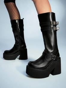 Sugerpunk 女士时尚通勤可调节搭扣厚底坡跟过膝长靴 - 黑色 - 查看 1