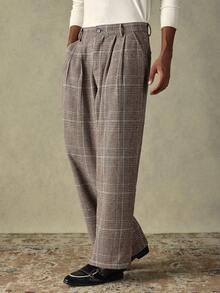 SWAVVY 男士时尚格子宽松裤，秋冬格子裤，男士阔腿裤，复古裤，男士褶裥裤，男士褶裥裤，男士设计师裤，男士阔腿裤，男士褶裥西装裤，男士褶裥裤 - 棕色 - 查看 4