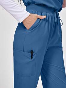 TaskEZ Solid Color V-Neck Short Sleeve Top And Waist-Tie Pants Healthcare Scrub Uniform Set - Blue - View 7