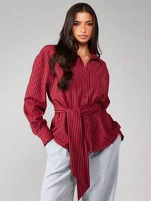 MISSGUIDED Belted Stripe Deep Cuff Poplin Shirt In Burgundy And White, Women - Burgundy - View 1