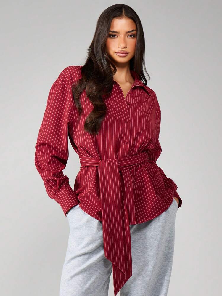 MISSGUIDED Belted Stripe Deep Cuff Poplin Shirt In Burgundy And White, Women