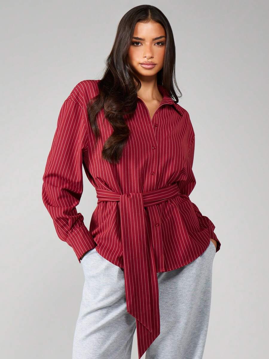 MISSGUIDED Belted Stripe Deep Cuff Poplin Shirt In Burgundy And White, Women - Burgundy - View 1
