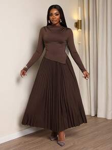 Xyvia Women's Dark Brown A-Line Pleated Flared Skirt & Fitted Irregular Hem Long Sleeve Top Set, Sophisticated Elegant Outfit For Birthday, Date, Party, Formal Occasion - Brown - View 5