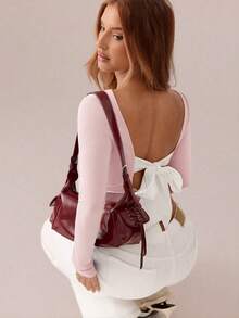 SHEIN SXY 黑色上衣；女士性感撞色系带露背修身T恤，女士圆领长袖纯黑色修身蝴蝶结上衣，适合约会、年轻性感、日常外出、秋季、日常约会旅行穿着；日常外出办公穿着粉色蝴蝶结上衣露背上衣粉白露背衬衫露背上衣 - 粉色 - 查看 6