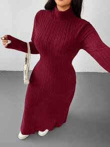 SHEIN EZwear 红色羊毛罗纹高领休闲加大码长款连衣裙，秋冬款 - 紅色 - 查看 3