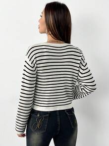 SHEIN PETITE Áo len dệt kim kẻ sọc thường ngày cho bé gái, tối giản và thời trang, thích hợp mặc hàng ngày - Đen và trắng - Xem 2