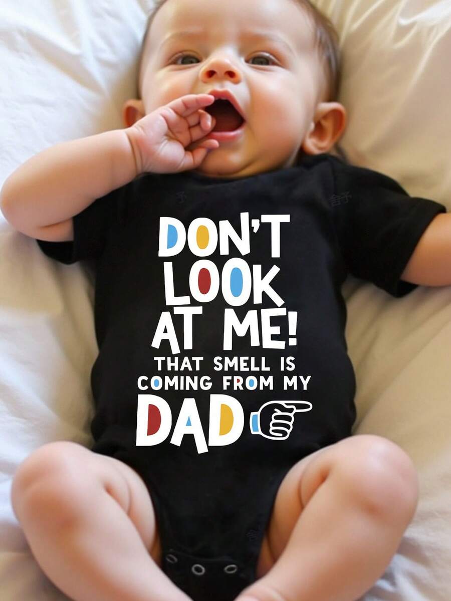 SHEIN Playful Pals Baby Boys' Casual Fashionable Creative Personalized Refreshing Simple Cute Kawaii Cartoon Finger Design Colorful Letter Slogan Graphic Print Comfortable Basic Crew Neck Short Sleeve Bodysuit, Cozy Summer Styles Suitable For Baby Boys' Daily Wear - Black - View 1