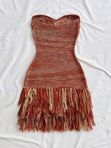 Soleia Women's Vacation Knitted Textured Metallic Fringe Mini Dress, Sexy Party Date Beach Holiday Summer Outfit, Suitable For Holiday Date, Afternoon Tea, Wedding Season, Beach Cruise Vacation, City Road Trip Vacation, Boho Vacation, Music Festival - Multicolor - View 2