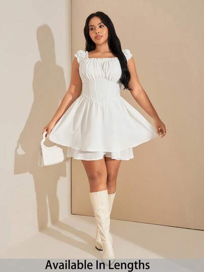 SHEIN Tall CURVE Plus Size Solid Frill Trim Ruched Bust Ruffle Hem White Cap Sleeves Double Hem Skort Romper