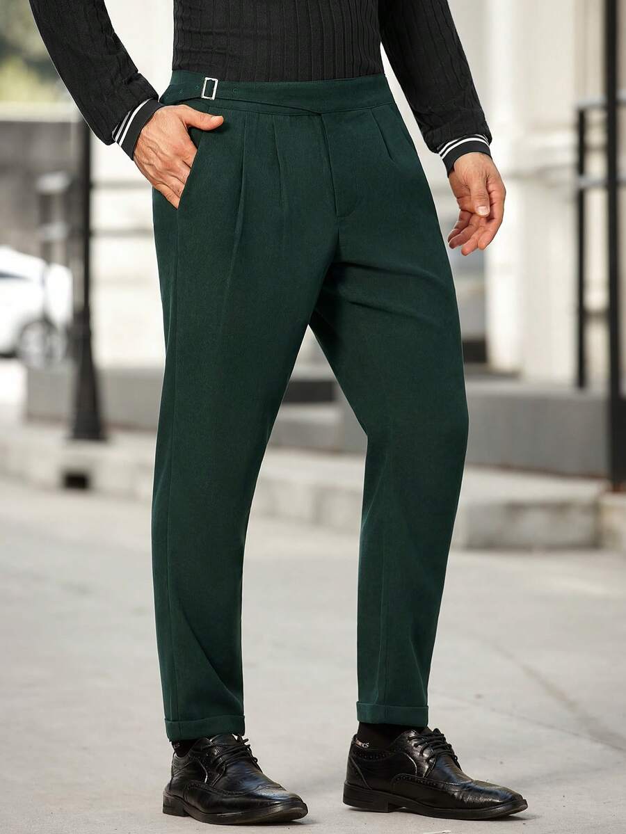 Manfinity Bizformal Pantalones rectos y sueltos de unicolor con pliegues para oficina para hombres - Verde - Ver 1